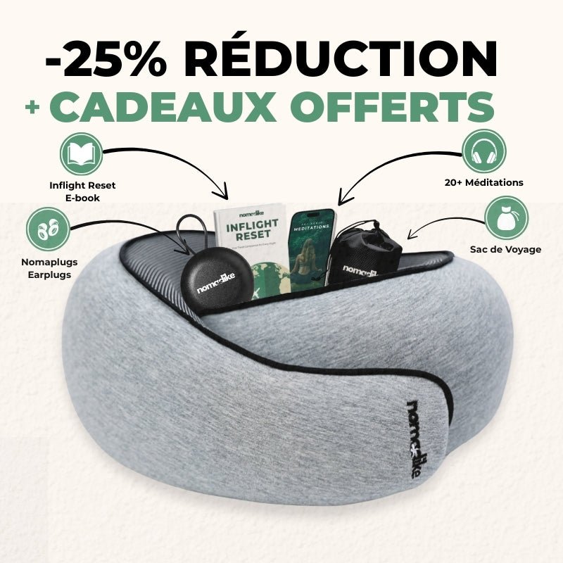 Le coussin Nomarest et ses cadeaux offerts : bouchons d'oreilles, e-book Inflight Reset, méditations audio et sac de voyage